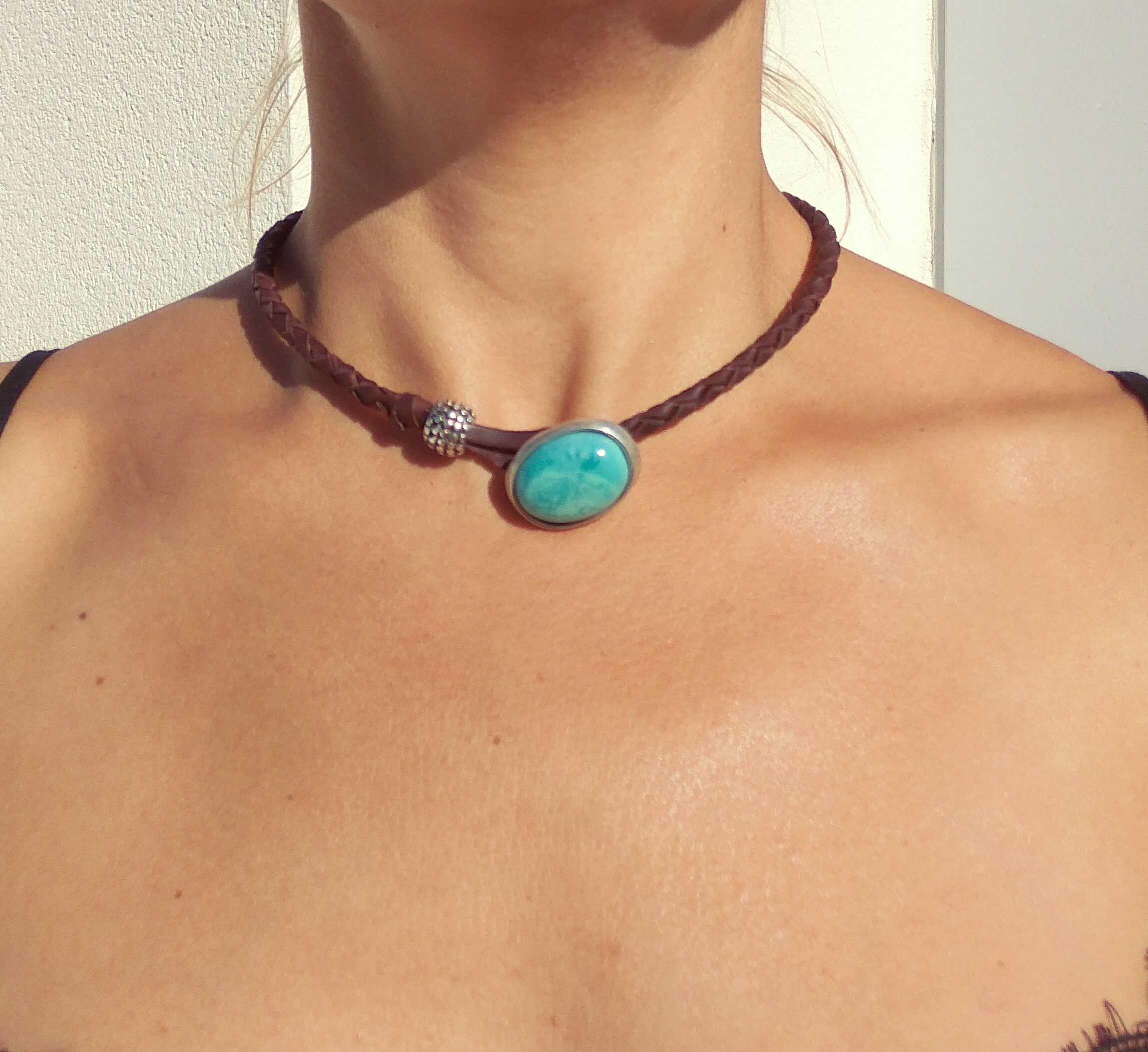 Braided Leather Turquoise Choker Necklace: Sterling Silver Boho Jewelry For Women, Bohemian Style