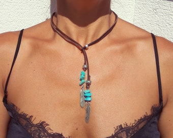 Lariat Necklace for Women, Turquoise Gemstone Necklace, Leather Necklace, Boho Necklace, Natural Stone Necklace, Bohemian Jewelry, Boho Chic