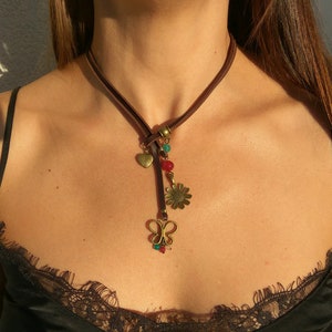 Butterfly Necklace, Boho Necklace, Flower Necklace, Leather Necklace, Natural Stone Necklace, Necklace for Woman, Bohemian Necklace, Endia