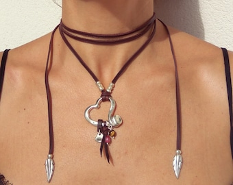 Leather Necklaces for Women, Silver Heart Necklace, Heart Choker Necklace, Boho Jewelry, Boho Necklace, Bohemian Jewelry, Bohemian Necklace