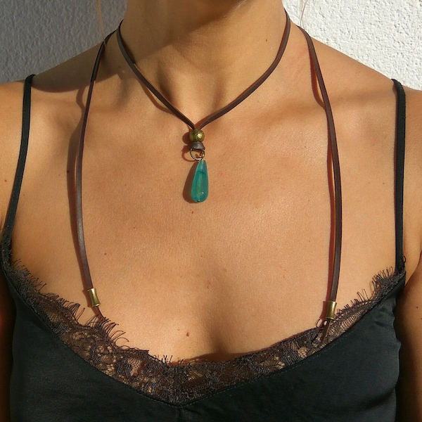 Aqua Jade Edelstein Choker Halskette für Frauen, Boho Schmuck, Halbedelstein Choker, Boho Schmuck, Leder Choker, Boho Choker, Hippie