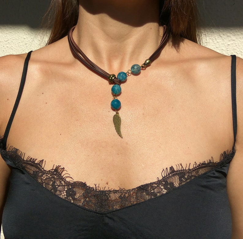 Blue Gemstone Beaded Necklace Gemstone Jewelry Bohemian Jewelry Angel Wing Necklace Choker Necklaces for Women Boho Jewelry Boho Chic