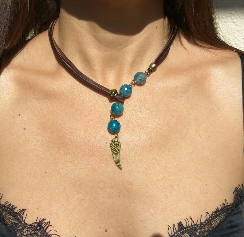 Blue Gemstone Beaded Necklace Gemstone Jewelry Bohemian Jewelry Angel Wing Necklace Choker Necklaces for Women Boho Jewelry Boho Chic