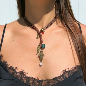 Boho jewelry, Bohemian jewelry, Ethnic jewelry, Leather choker, Natural stone choker, Necklace for woman, Gem choker, Boho chic choker, Boho