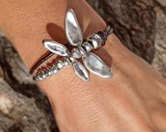 Dragonfly Leather Wrap Bracelet, Silver Plated Boho Jewelry  display picture 1
