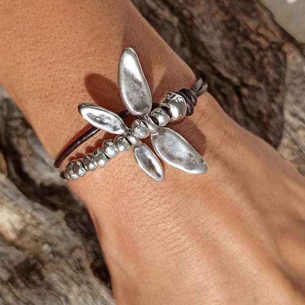 Bracelet libellule, bracelet papillon, bijoux libellule, bracelet en cuir, bracelets en argent pour femme, bracelets femme, bracelet de perles