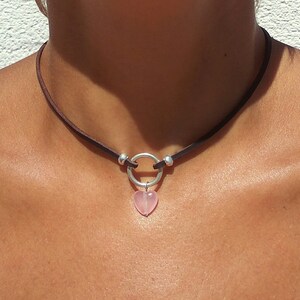 Heart Choker Necklace for Women, Silver Ring Necklace, Quartz Gemstone Necklace, Leather Necklace,Heart Stone Choker, Heart Stone Necklace