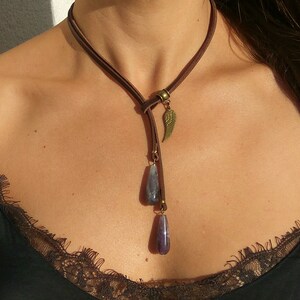 Choker necklace for women, Amethyst Gemstone Choker, Leather Choker, Natural Stone Choker, Gemstone jewelry, Boho Jewelry, Boho Choker