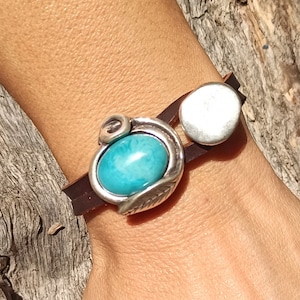 Pulseras de Cuero para Mujer, pulsera turquesa, pulseras, joyas turquesas, estilo uno de 50, joyas boho, Pulseras de Mujer, Bañadas en Plata