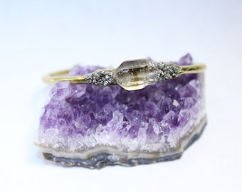 Smokey Quartz and Pyrite Bracelet on Brass Cuff // Raw Mineral Bracelet