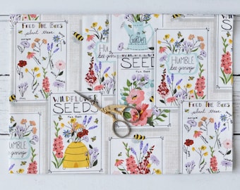 Seeds Fabric Print Premium Cotton Fabric Feed the Bees Collection Wild Flower Packet Seeds