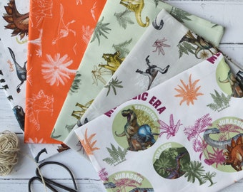 Dinosaur Cotton Fabric Bundle 5 Co-ordinating Digital Prints Fat Quarters or Half Metre Bundle