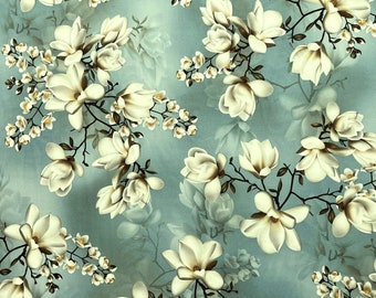 Blue Green Stretchy Jersey Fabric With Cream White Flowers Perfect For Craft And Apparel.