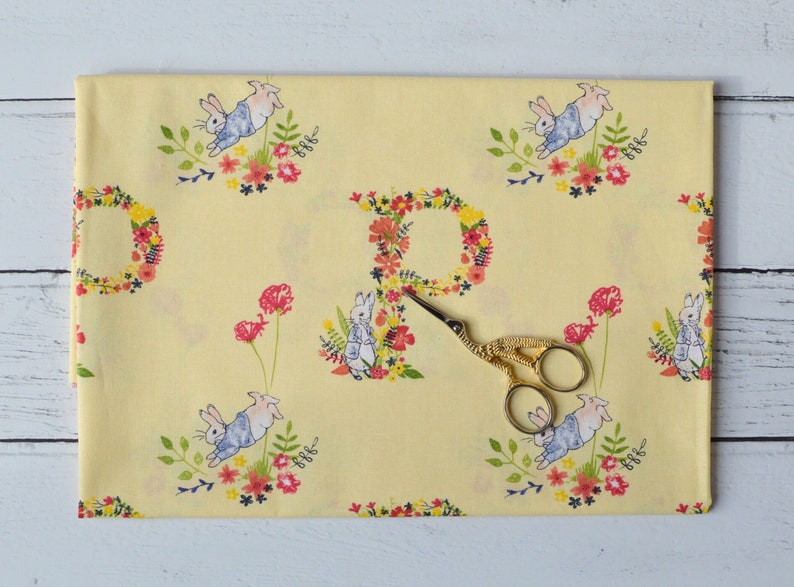 Peter Rabbit Beatrix Potter 100% Premium Cotton Flowers & Dreams Collection Pale Yellow Floral Letter image 1