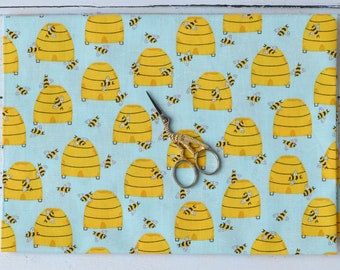 Bee Floral Premium Cotton Fabric Feed the Bees Collection Buzzy Bees Beehive on Pale Blue Background