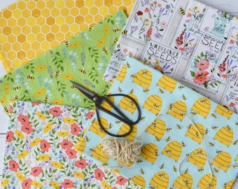 Bee Floral Cotton Fabric Fat Quarter Bundle Feed the Bees 5 Co-ordinating Designs