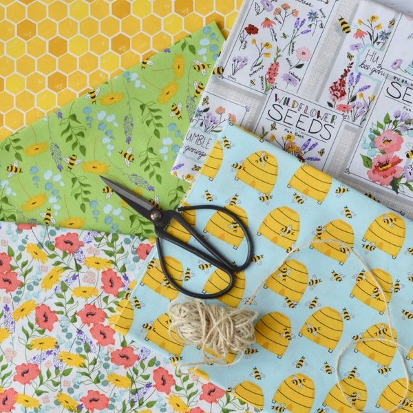 Bee Floral Cotton Fabric Fat Quarter Bundle Feed the Bees 5 Co-ordinating Designs