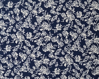 Floral Fabric, Vintage, Sewing, Dressmaking, Home Decor, Wall Hanging, Navy, Cotton Fabric, Extra Wide Fabric, Quilting, Crafting, White