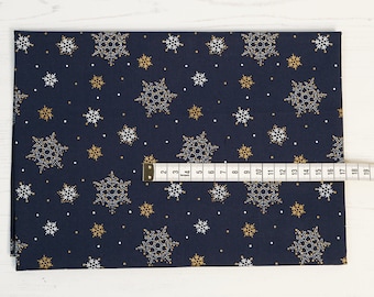 Christmas Fabric Navy Cotton Fabric with White and Gold Metallic Foil Snowflakes Print