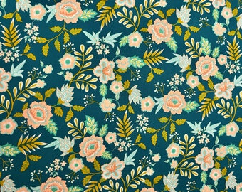 Floral Printed Fabric, Green, Pink And Blue, 100% Cotten OEKO-TEX