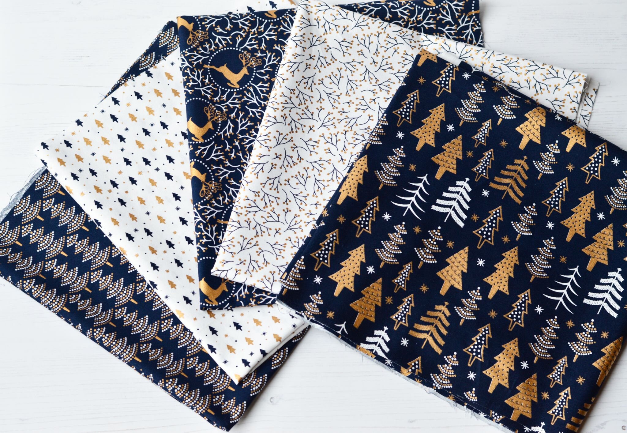 Scandinavian Designer Christmas Fabric Trees Reindeer Fat Quarter Bundle x 5