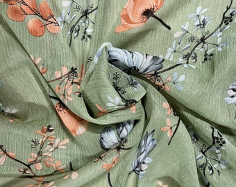 Green Floral Fabric Lightweight Silky Crinkle Organza Semi-Sheer Polyester with Green Peach & Blue Flowers