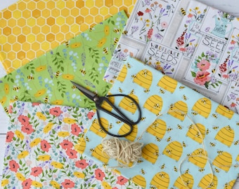 Bee Floral Cotton Fabric Half Metre Bundle Feed the Bees 5 Co-ordinating Designs