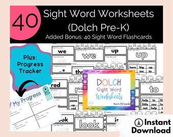 Pre-K Sight Word Worksheets, Flashcards, Progress Tracker (Digital Download)