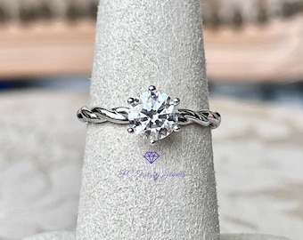 1 ct.  Moissanite Engagement Ring, D Colorless Moissanite, Rhodium Plated Sterling Silver 6 Prong Twisted Rope Band Infinity Solitaire Ring