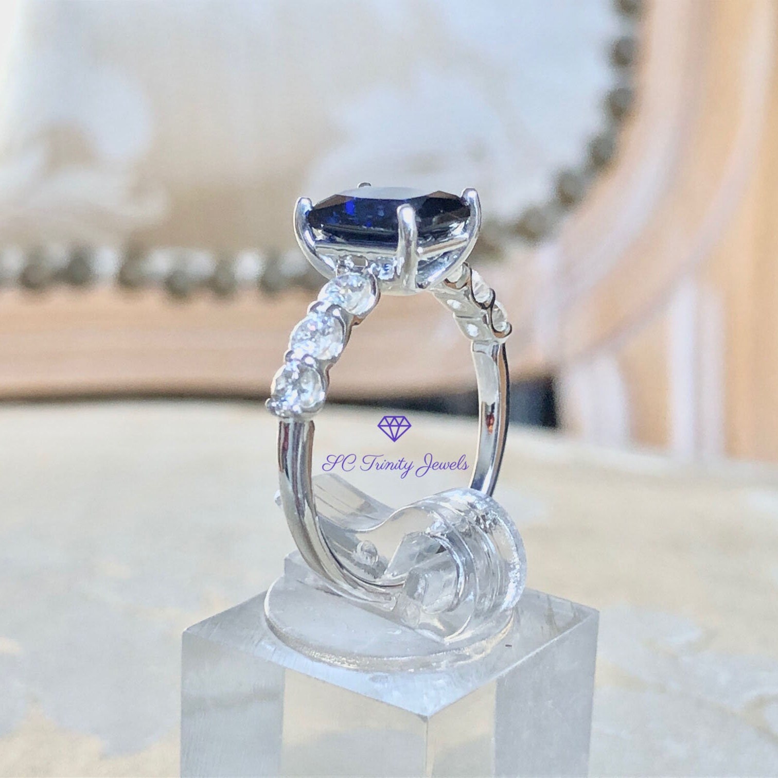 Emerald Cut Blue Sapphire Moissanite Ring Lab Created 9x7