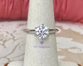 1.5 ct. Certified Moissanite Engagement Ring, 7.5mm D Colorless VVS1, Knife Edge Band , Rhodium Plated Sterling Silver 6 Prong Wedding Ring