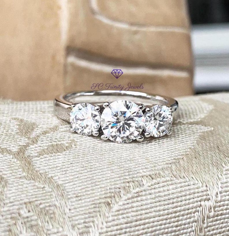 2.1 ctw Round Moissanite Ring, 3 Stone in Rhodium Plated Sterling Silver, Certified D Colorless, Anniversary Ring