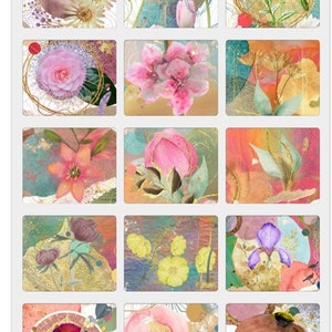 Peut inclure: Un collage de 15 impressions d'art numérique représentant différentes fleurs dans un style aquarelle avec des accents dorés. Les fleurs comprennent des tulipes, des coquelicots, des lys, des iris et bien plus encore.