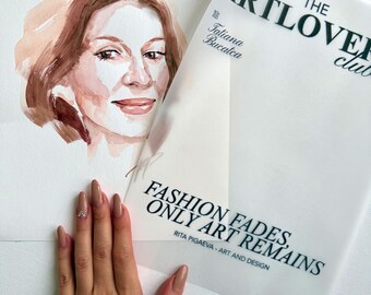 Individuelles Modeporträt mit personalisiertem Deckblatt | Handgemalte Aquarellillustration | Elegantes, von der Vogue inspiriertes Kunstgeschenk für Sie