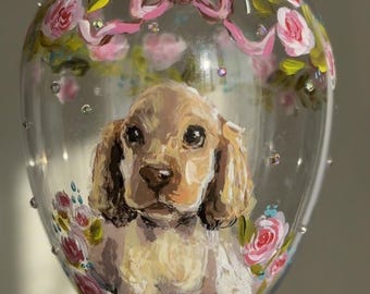 Personalized Shabby Chic Pet Portrait Egg Ornament - Hand Painted, Rhinestones & Romantic Florals
