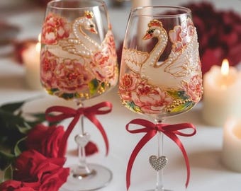 Custom New Years Couple Glasses, Hand-Painted Personalized Champagne Flutes, Wedding & Anniversary Gift Set