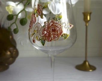 Serpiente Hand-Painted Set of 2 Red Wine Glasses - Unique Art Glass with Stained Glass Effect and Rhinestone Accents