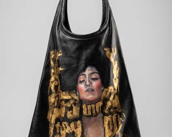 Hand-Painted Leather Tote Bag Inspired by Gustav Klimt “Judith” Gold Foil Art Bag Large Statement Tote