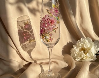 Handbemaltes Champagnerglas mit Rosen – Elegantes florales Hochzeitsgeschenk, luxuriöses Jubiläumsglas, romantische handgefertigte Champagnerflöte