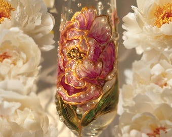 One Hand-Painted Champagne Glass with Peonies – Elegant Floral Wedding Gift, Luxury Anniversary Glassware, Romantic Handcrafted Flute