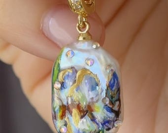 Hand-Painted Iris Flower on Baroque Pearl Pendant | Iridescent Art Jewelry, Gold-Filled Chain, Crystal Accents, Unique Floral Necklace