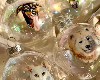 Hand-Painted Pet Portrait Christmas Ornament • Glass Bubble Ornament • Rhinestone Decor • Custom Pet Gift • Dog Cat Memorial Bauble