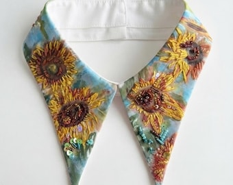 Handbemalter Sonnenblumenkragen, von Van Gogh inspiriertes besticktes Halstuch, tragbares Kunstwerk, perlenbesetzter Statement-Kragen