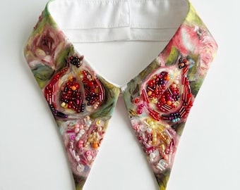 Hand-Painted Pomegranate Detachable Collar with Luxurious Bead Embroidery & Seed Bead Abundance – Statement Bib Collar Necklace
