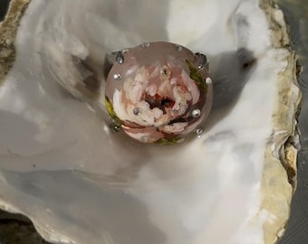 Hand-Painted Peony Ring in Rose Quartz | Statement Feminine Talisman | Large Floral Ring with Crystals | Unique Gift for Her