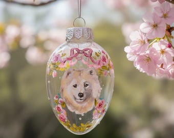 Personalized Shabby Chic Pet Portrait Egg Ornament - Hand Painted, Rhinestones & Romantic Florals