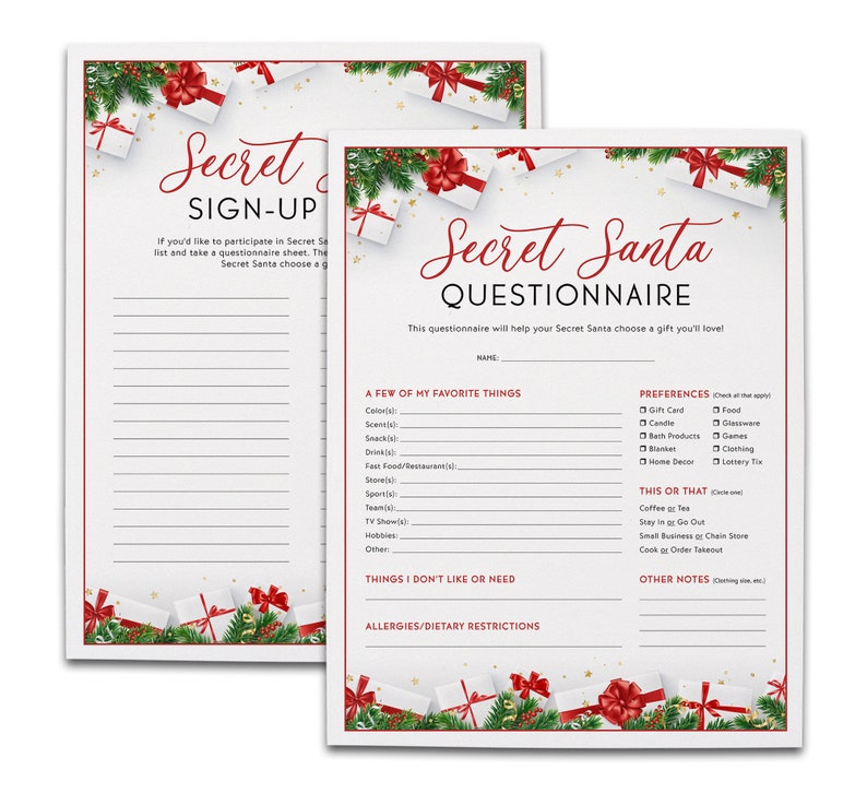 Printable Secret Santa Questionnaire and Signup Sheet Set - Instant Download Files - Etsy