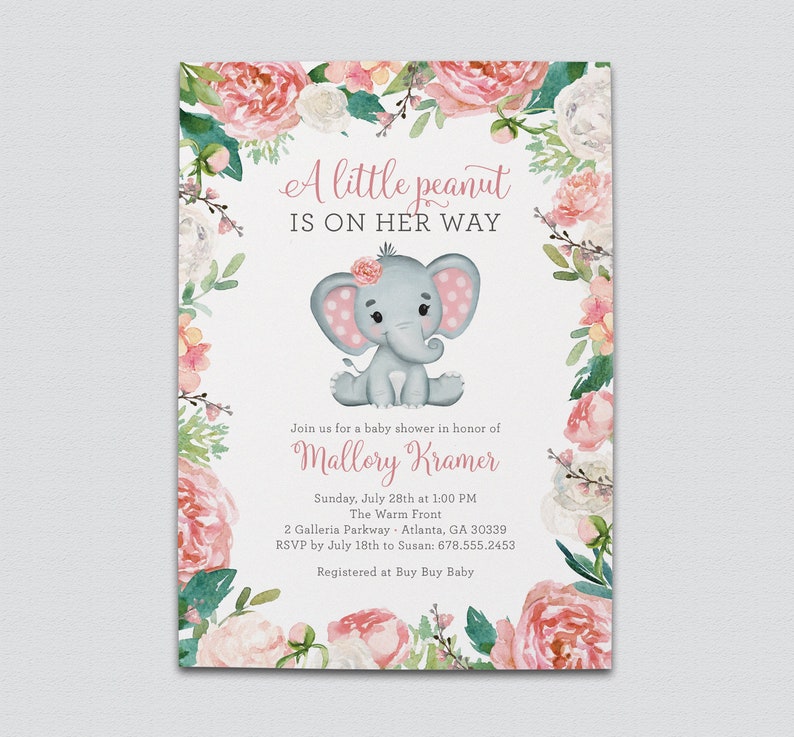 A Little Peanut Is On Her Way Pink Floral Elephant Baby Shower Etsy