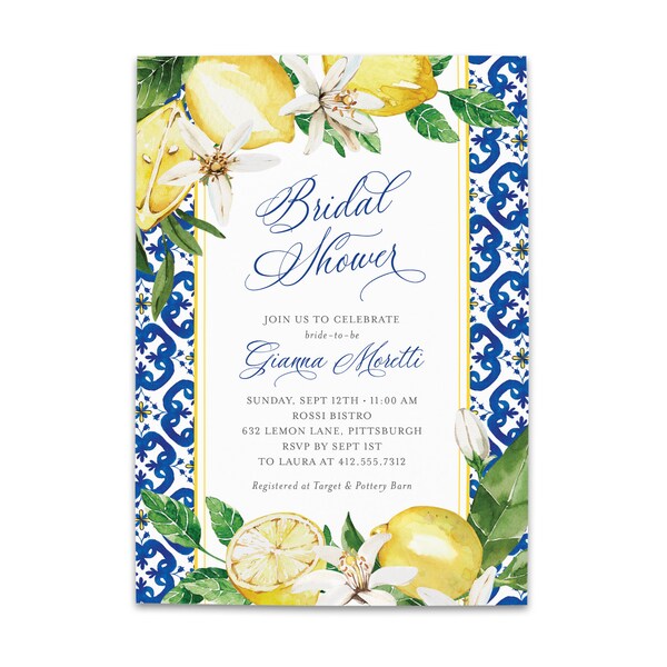 Beautiful Mediterranean Lemon Bridal Shower Invitation - Digital File or Printed