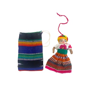 Traditional and Useful Tiny Doll Worry Doll Ornament Rear View Mirror Decor with Gift Bag + Story - Guatemala Boho Gift